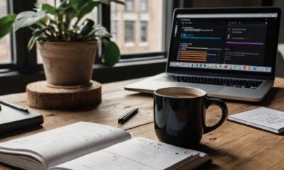 Modern workspace with laptop and smartphone displaying productivity apps