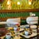 Cinema café interior with warm lights and coffee cups