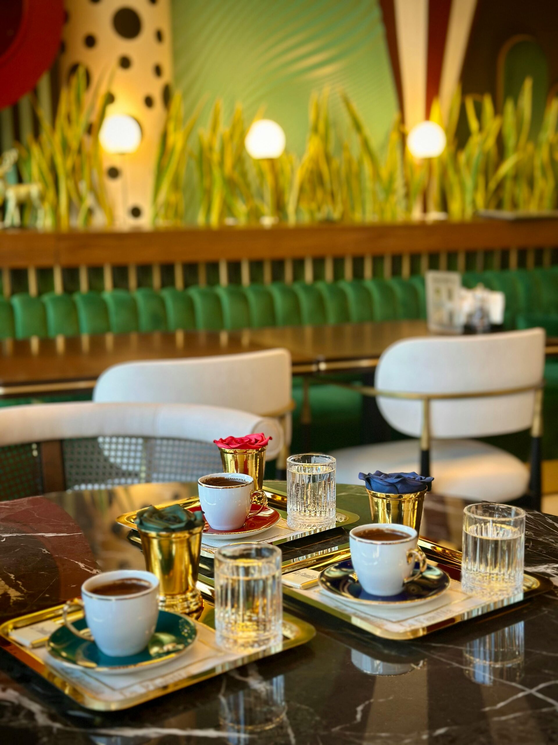 Cinema café interior with warm lights and coffee cups
