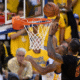 Split images of Jordan, LeBron, Kobe, Bird, and Magic representing “legends of playoff basketball.”