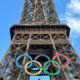 Concept design of Olympic rings in front of LA skyline.