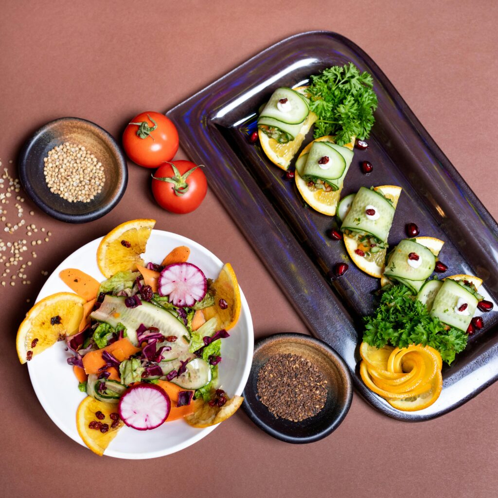 Plant-based food and alternative protein products on a colorful table