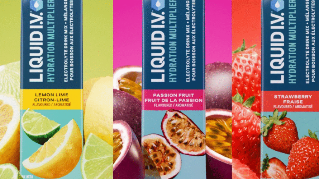 Several flavors of Liquid I.V. arranged neatly (Lemon Lime, Passion Fruit, etc.).