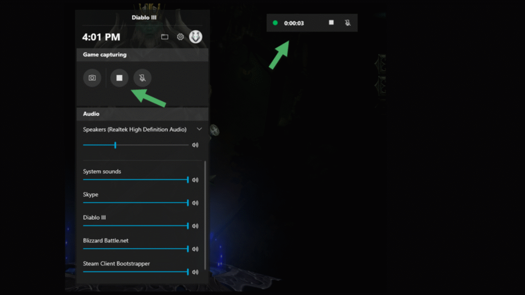 Windows Game Bar interface with screenshot capture option