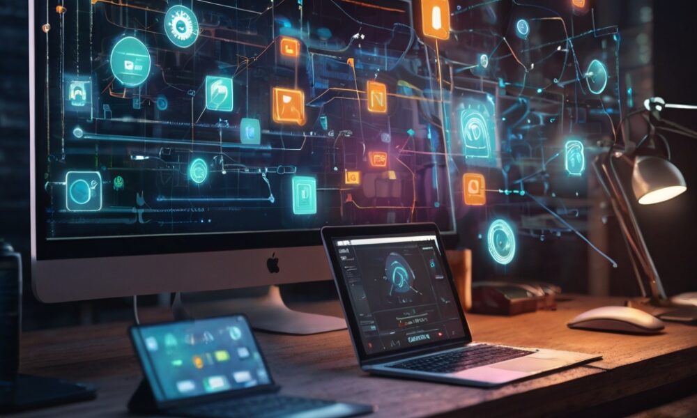 Illustration of workflow automation or connected apps.