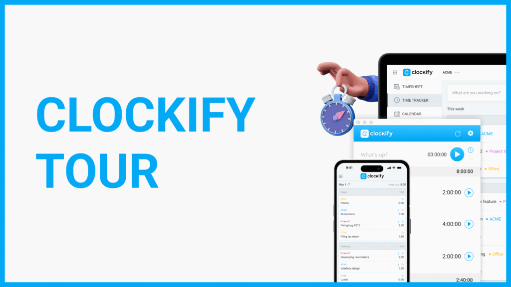 Clockify time tracking app interface with productivity reports