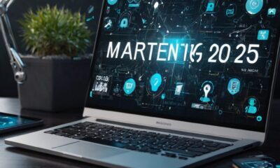 Futuristic digital marketing trends 2025 concept with AI, social media, video, and data analytics icons