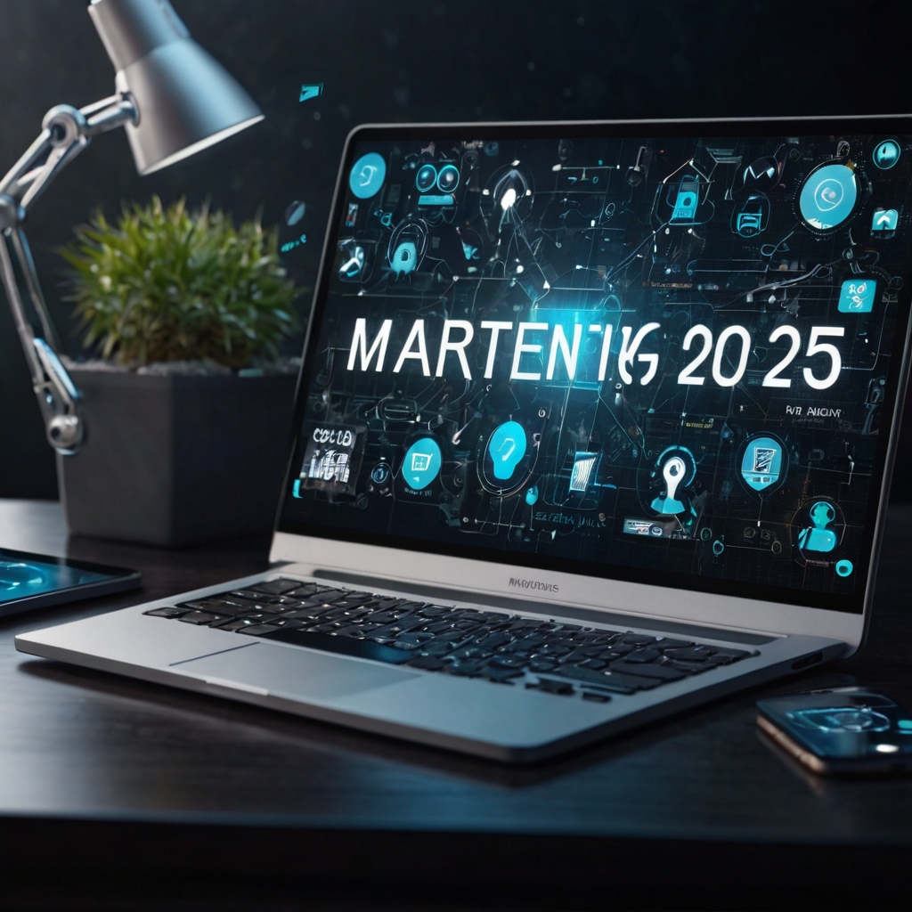 Futuristic digital marketing trends 2025 concept with AI, social media, video, and data analytics icons
