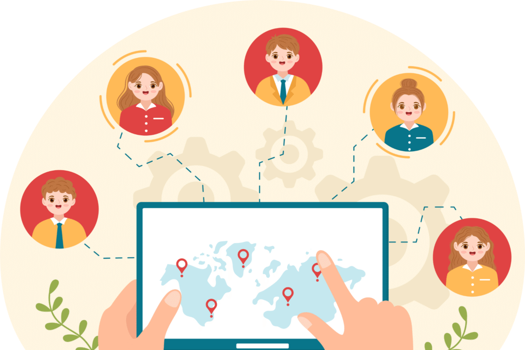 A global map with connected team members via digital lines (symbolizing a global remote workforce).