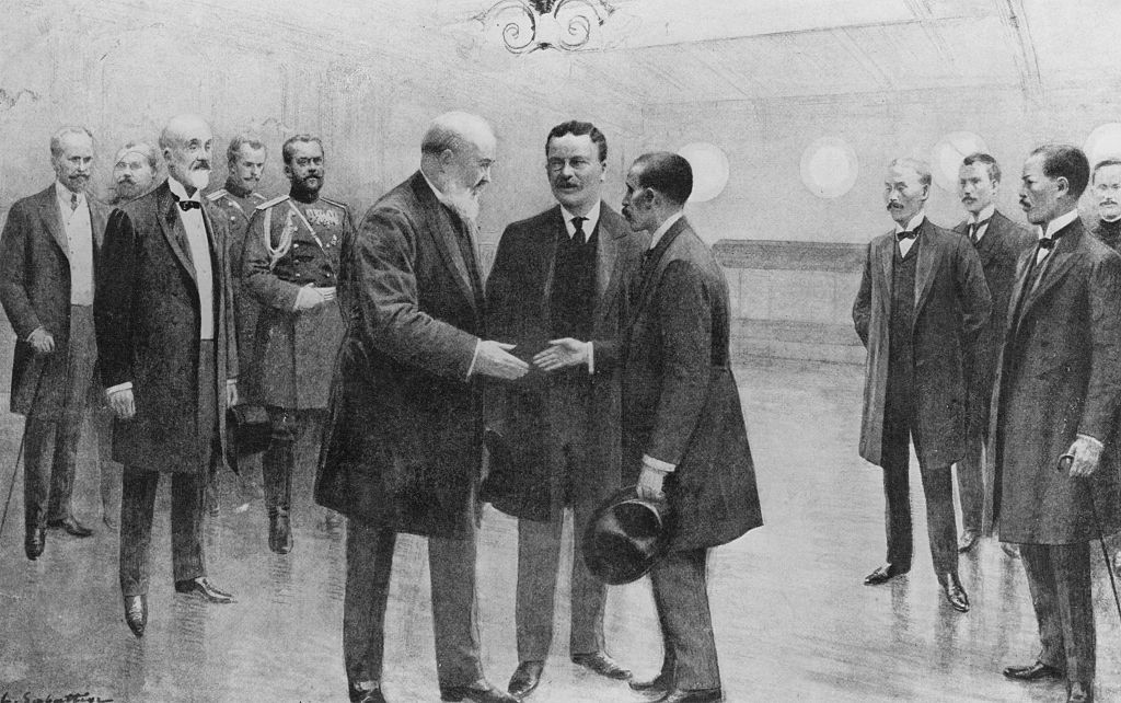 Theodore Roosevelt mediating peace talks in the Russo-Japanese War, 1905.
