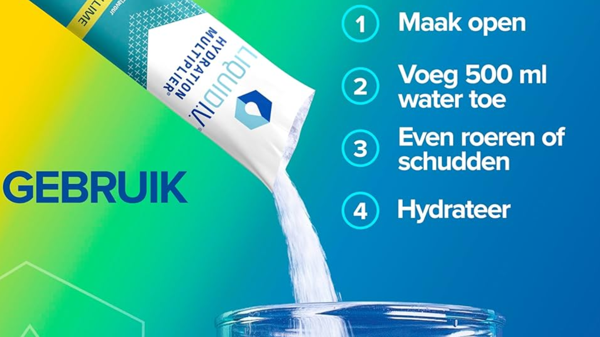 A tall glass of water with Liquid I.V. stick packet beside it.