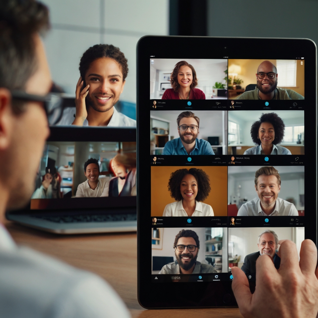 People on a video conference call or chatting via app.