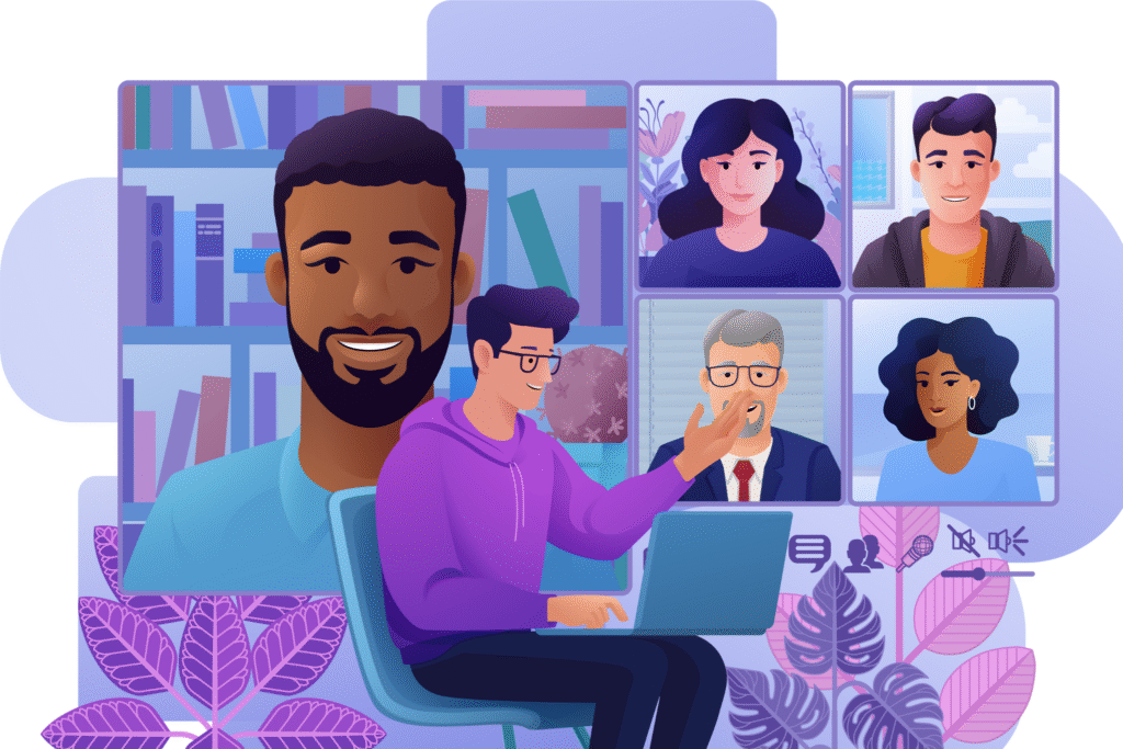 A team video call screenshot illustration with diverse faces