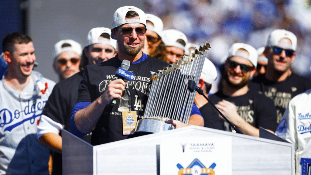 Fan celebration with confetti overlay for the 2020 World Series win.