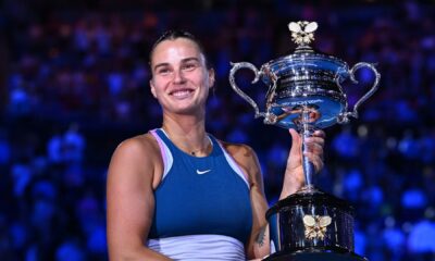 Aryna Sabalenka celebrating after match point – powerful victory shot.