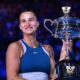 Aryna Sabalenka celebrating after match point – powerful victory shot.