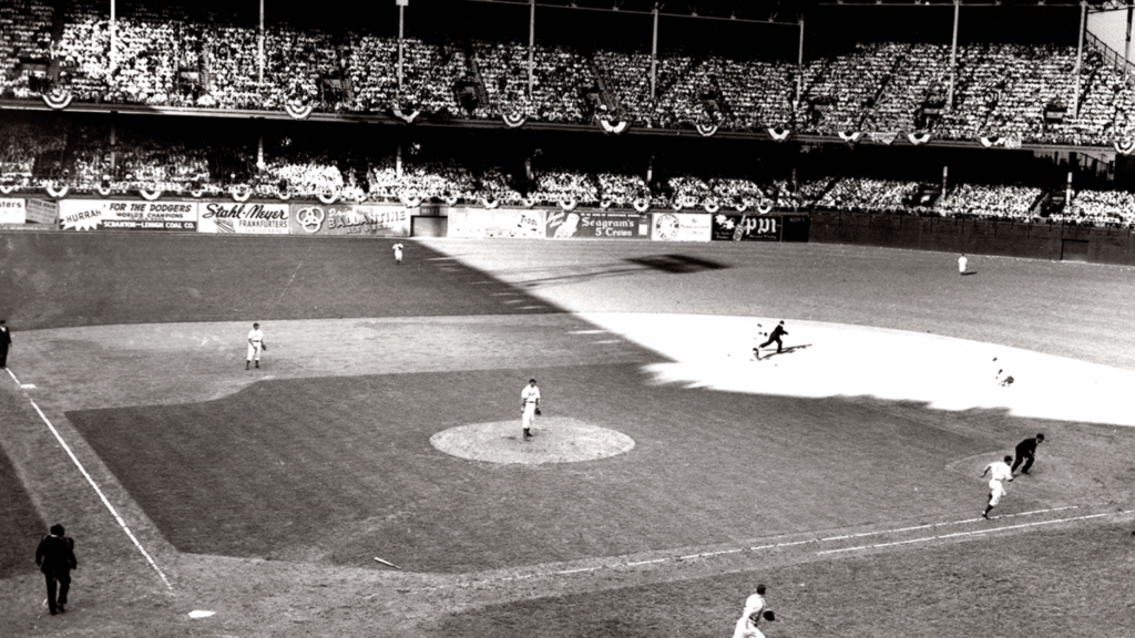 Black-and-white photo of Ebbets Field (Brooklyn days).