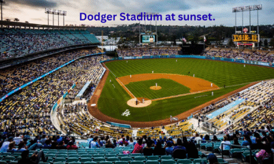 Panoramic shot of Dodger Stadium at sunset.