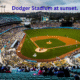 Panoramic shot of Dodger Stadium at sunset.