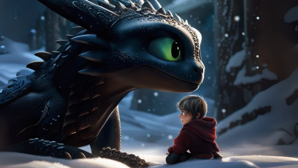 Photos of Mason Thames (Hiccup) and Nico Parker (Astrid) side by side with their animated counterparts.