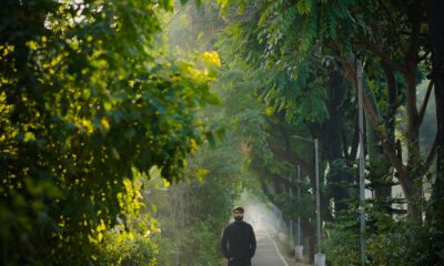 Natural sunlight exposure – person walking outdoors in the morning.