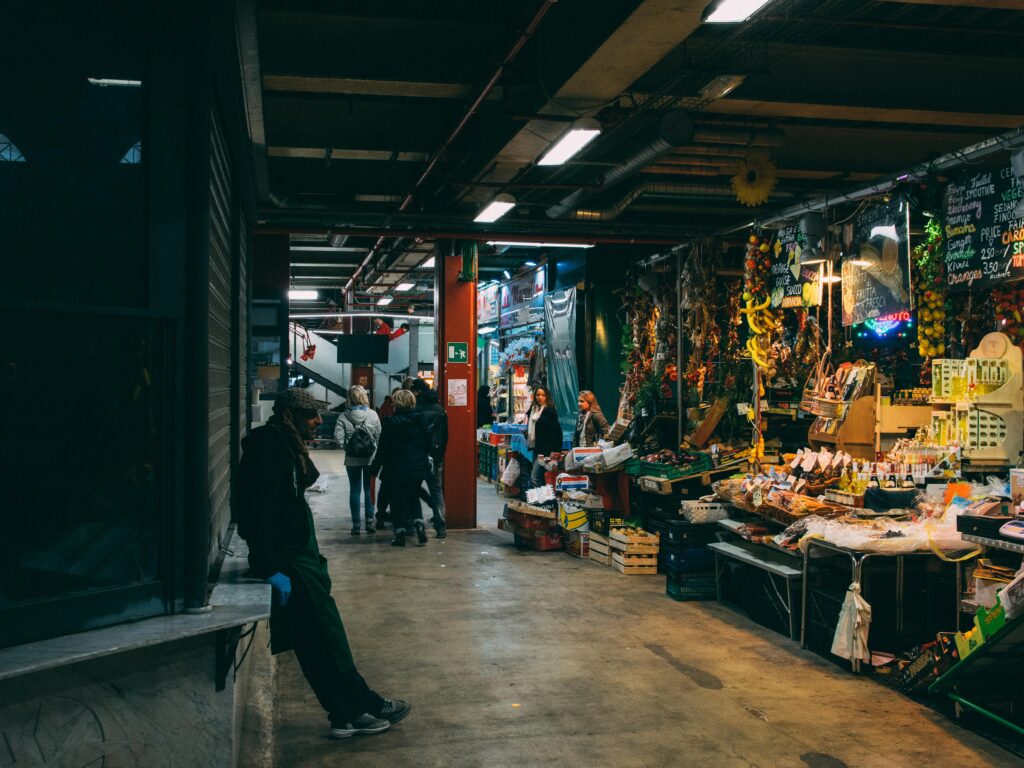 A bustling local market with fresh fruits and vegetables.