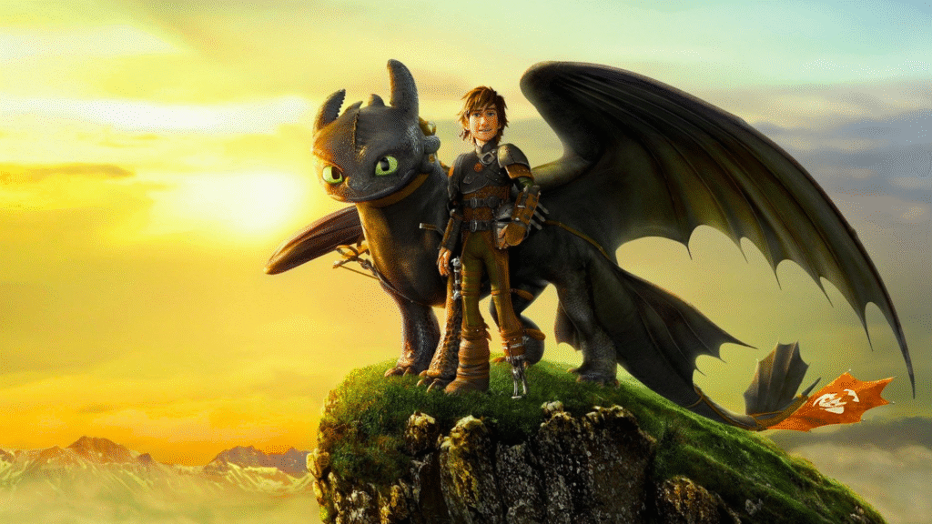 A cinematic-style poster concept featuring Hiccup standing beside Toothless (dark sky, Viking ships in the background).