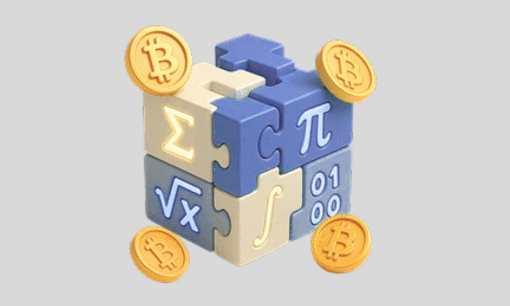 Illustration of miners solving cryptographic puzzles with hash symbols.