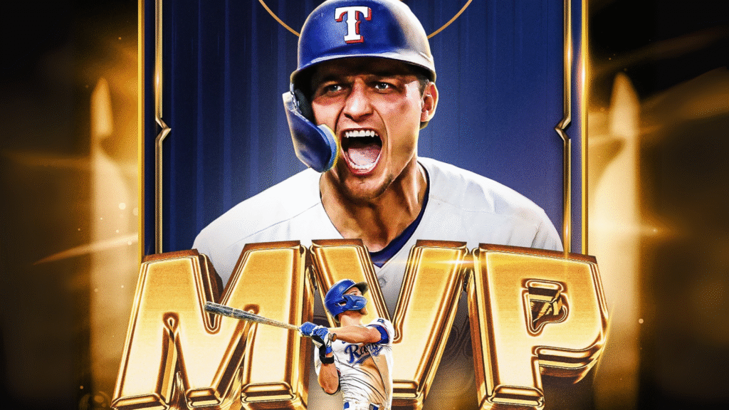 Baseball card–style graphic of Corey Seager (2020 MVP).