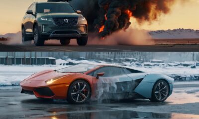 Side-by-side image EV on the road vs smoke-emitting ICE car.