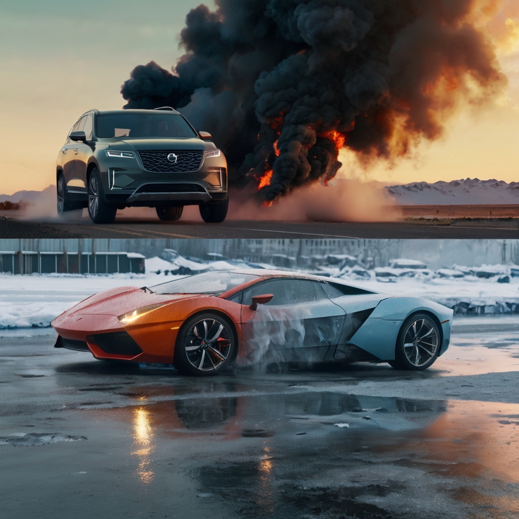 Side-by-side image EV on the road vs smoke-emitting ICE car.