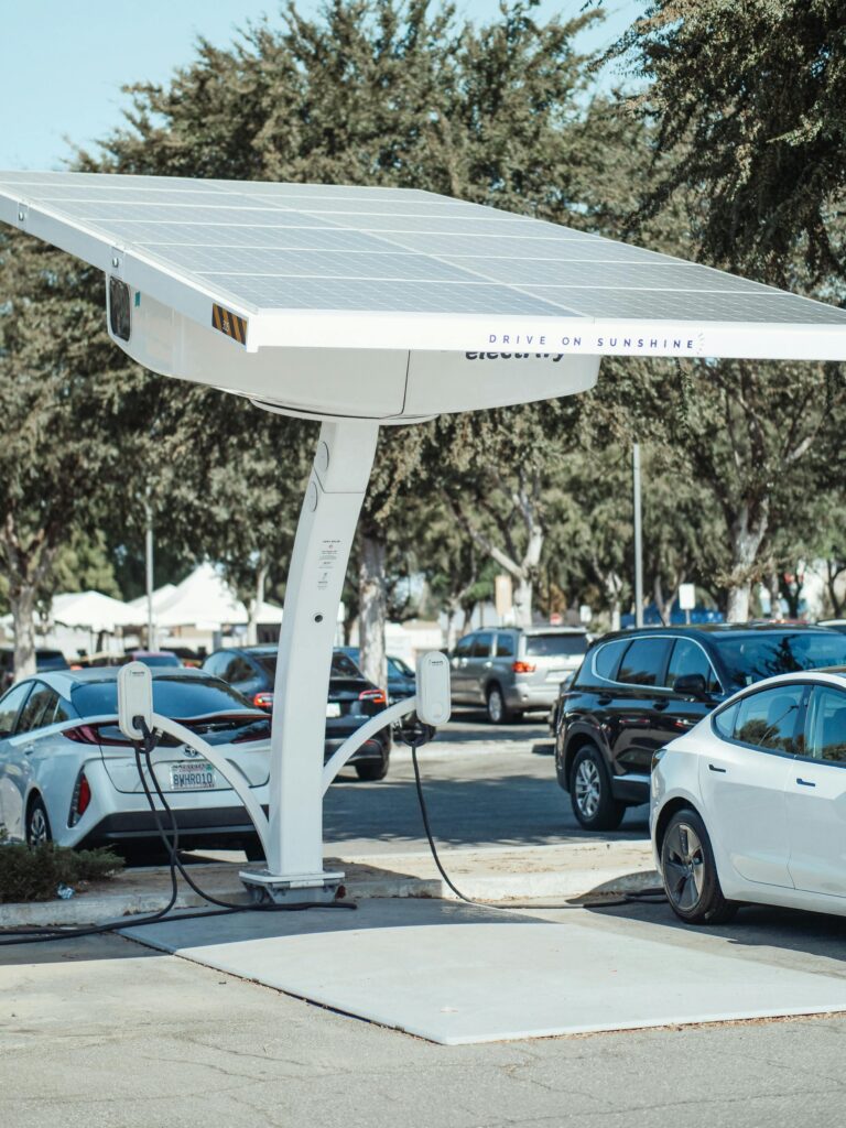EV charging stations at a highway rest stop.