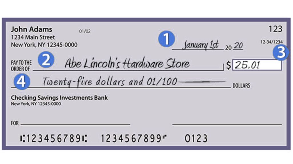 A blank sample check with labels for each section.