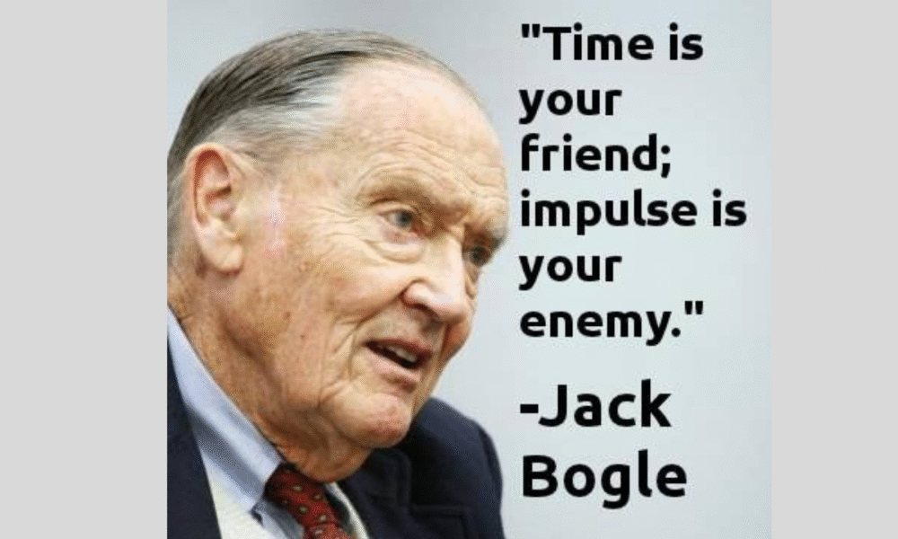 John Bogle portrait with investment quote.