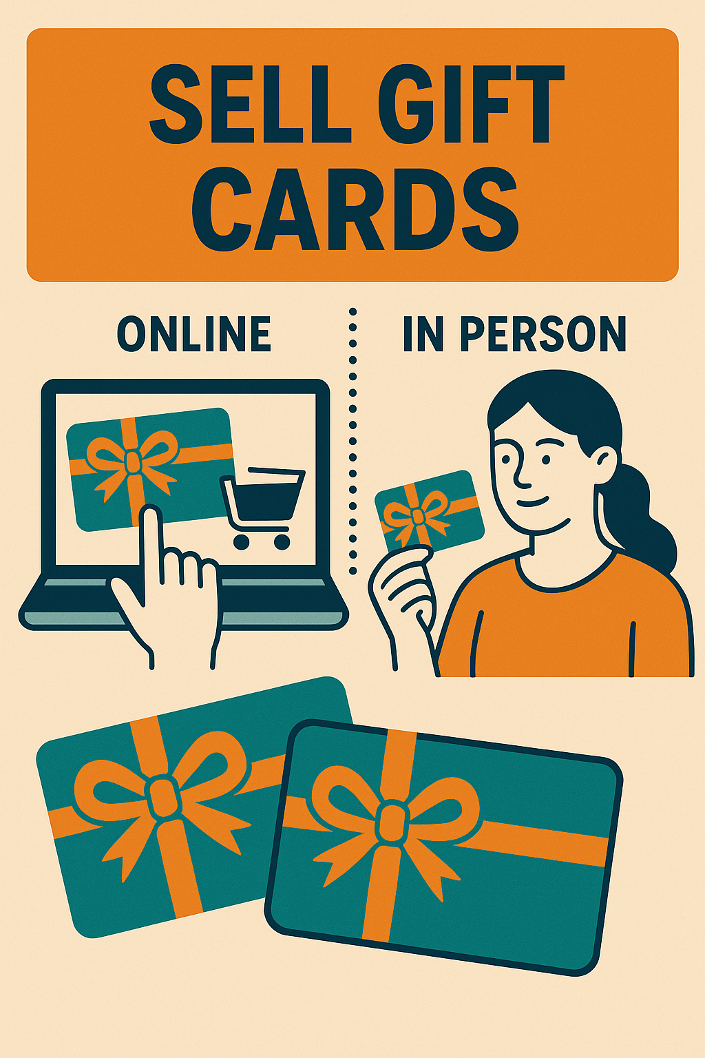 showing online and in-person gift card sales — a person buying on laptop and another holding a physical gift card.