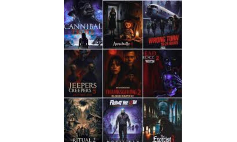 A collage of the top 2025 horror movie posters: Weapons, Bring Her Back, 28 Years Later, The Ugly Stepsister, Shiver Me Timbers, Companion, Holy Ghost.