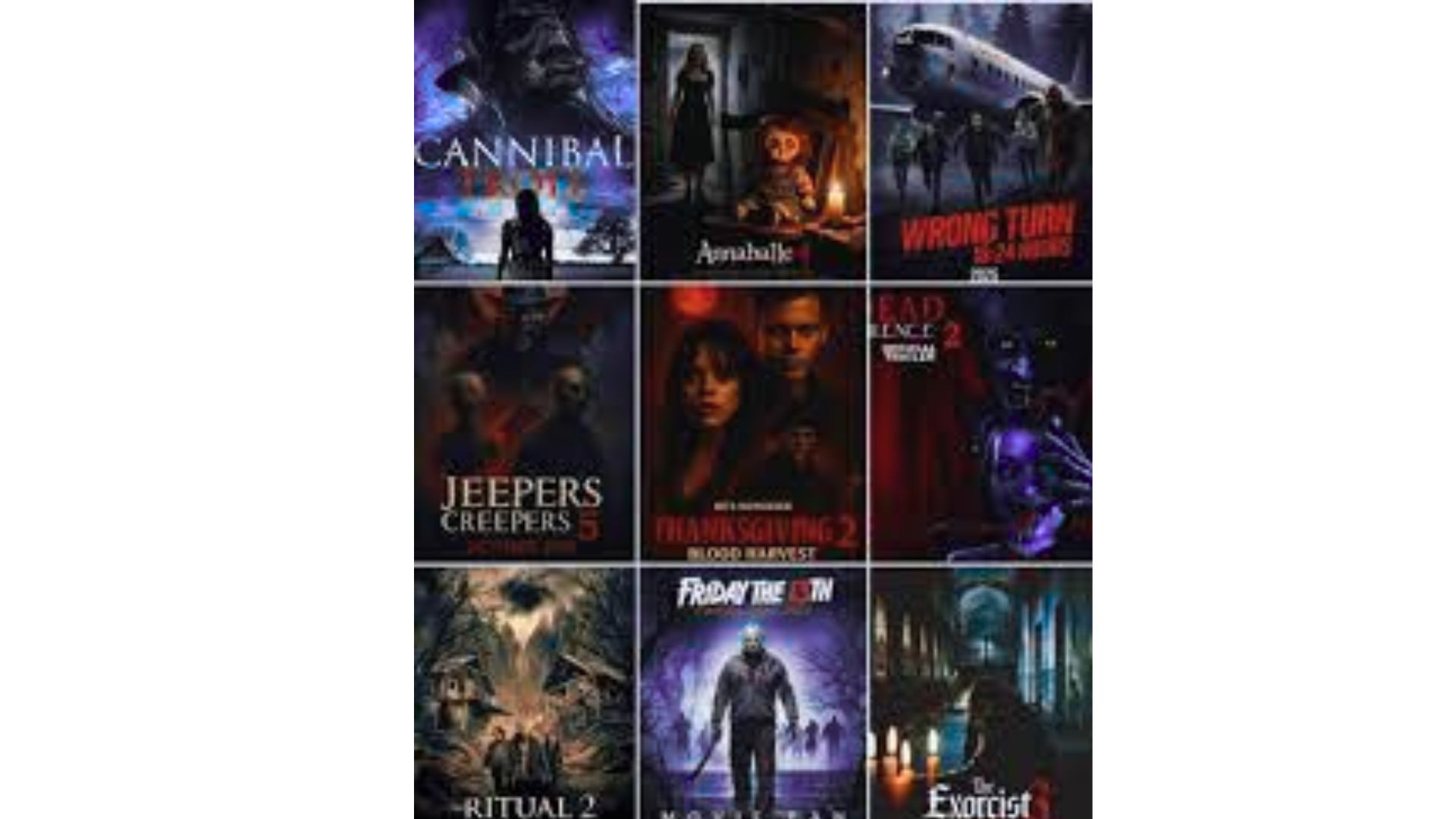 A collage of the top 2025 horror movie posters: Weapons, Bring Her Back, 28 Years Later, The Ugly Stepsister, Shiver Me Timbers, Companion, Holy Ghost.