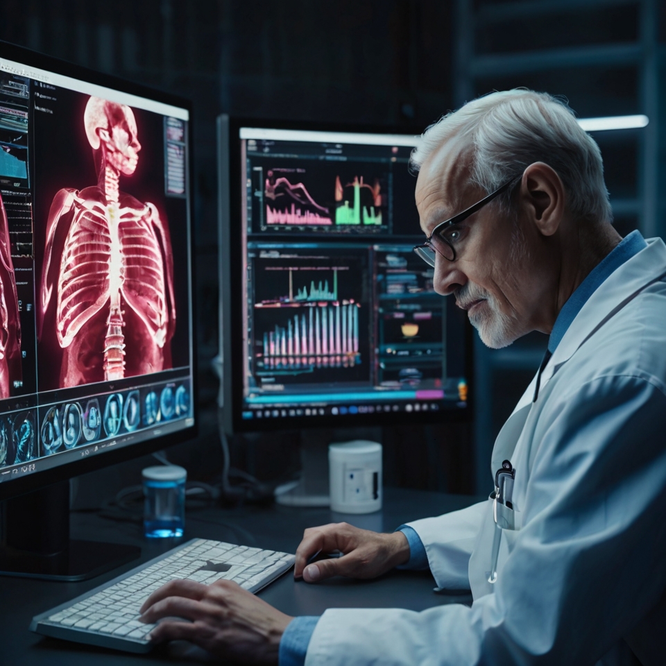 AI technology assisting in medical diagnosis and data analysis.