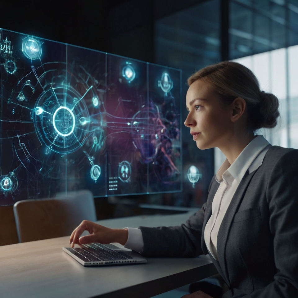 Businessperson interacting with virtual AI interface.