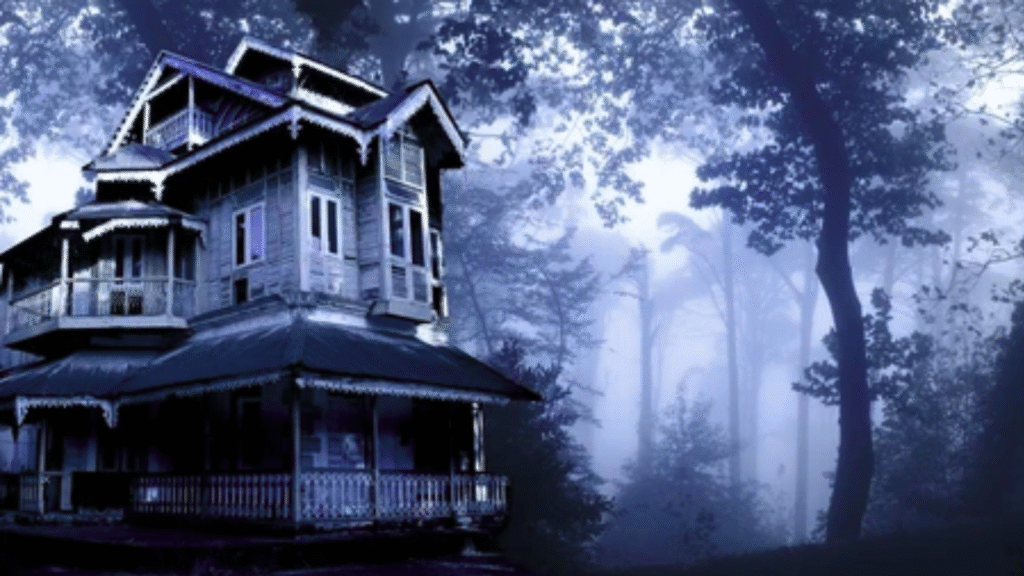 Foggy forest, abandoned house, or dark alley with a shadowy figure.