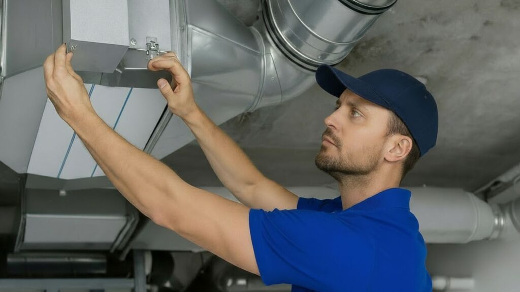 Technician checking network settings