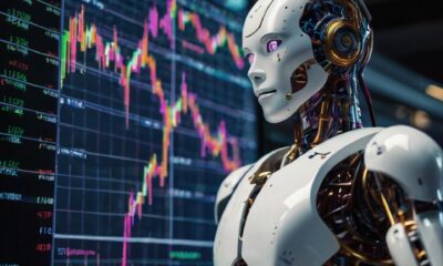 A humanoid robot analyzing digital stock charts.