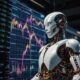 A humanoid robot analyzing digital stock charts.
