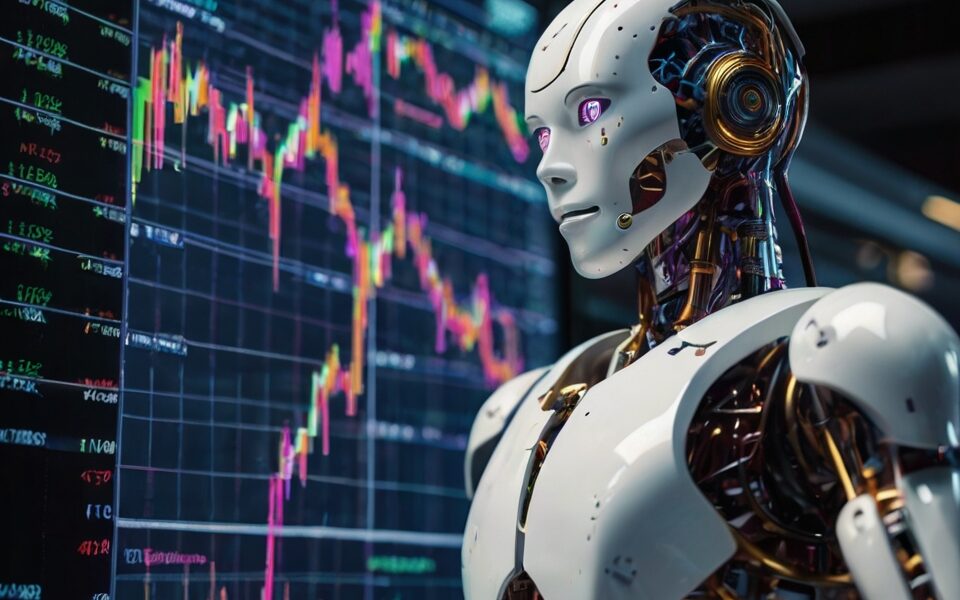 A humanoid robot analyzing digital stock charts.