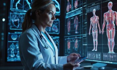 Doctor analyzing futuristic holographic medical data representing the new anatomy of healthcare.