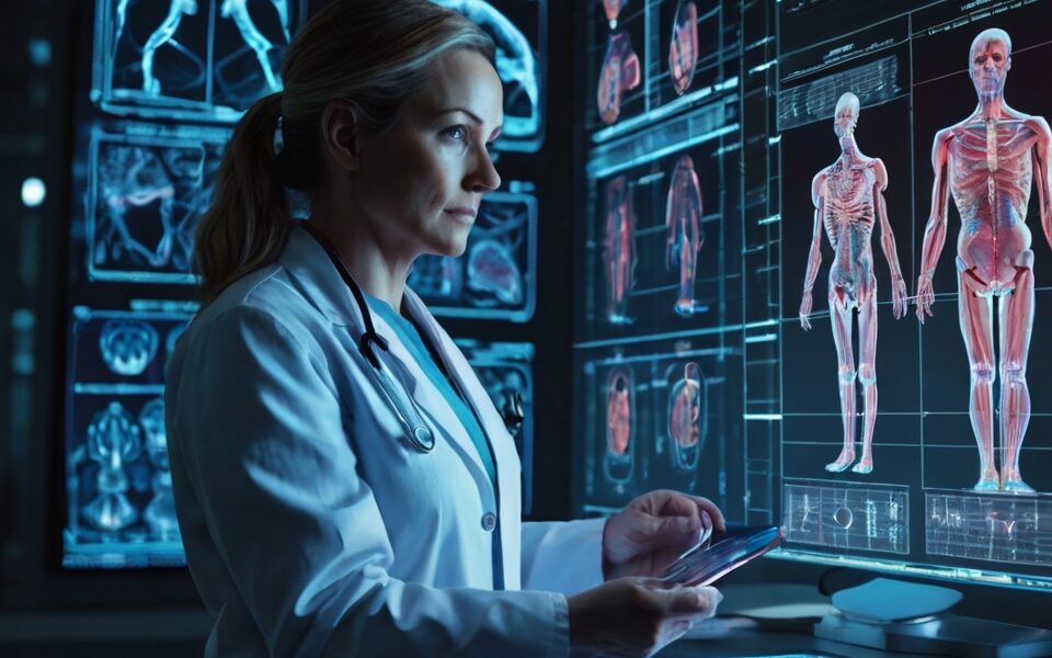 Doctor analyzing futuristic holographic medical data representing the new anatomy of healthcare.