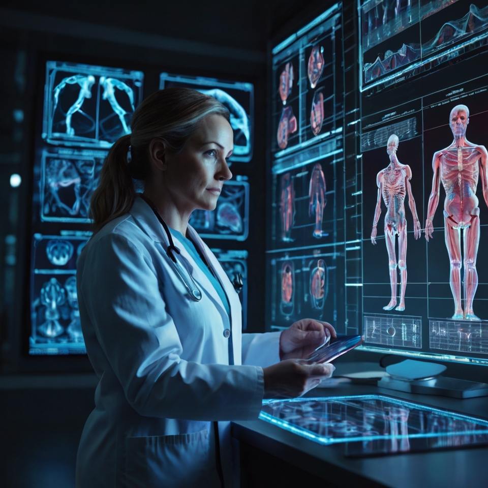 Doctor analyzing futuristic holographic medical data representing the new anatomy of healthcare.