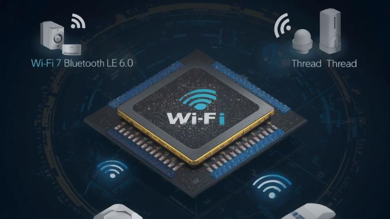 Smart home with Wi-Fi 7 IoT devices, battery-powered sensors, and multi-protocol connectivity