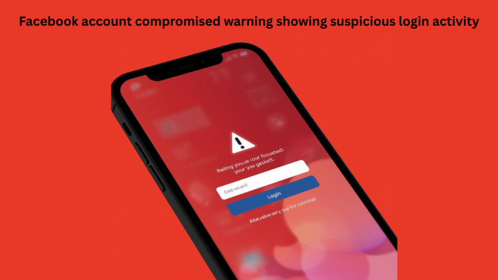 Facebook account compromised warning showing suspicious login activity